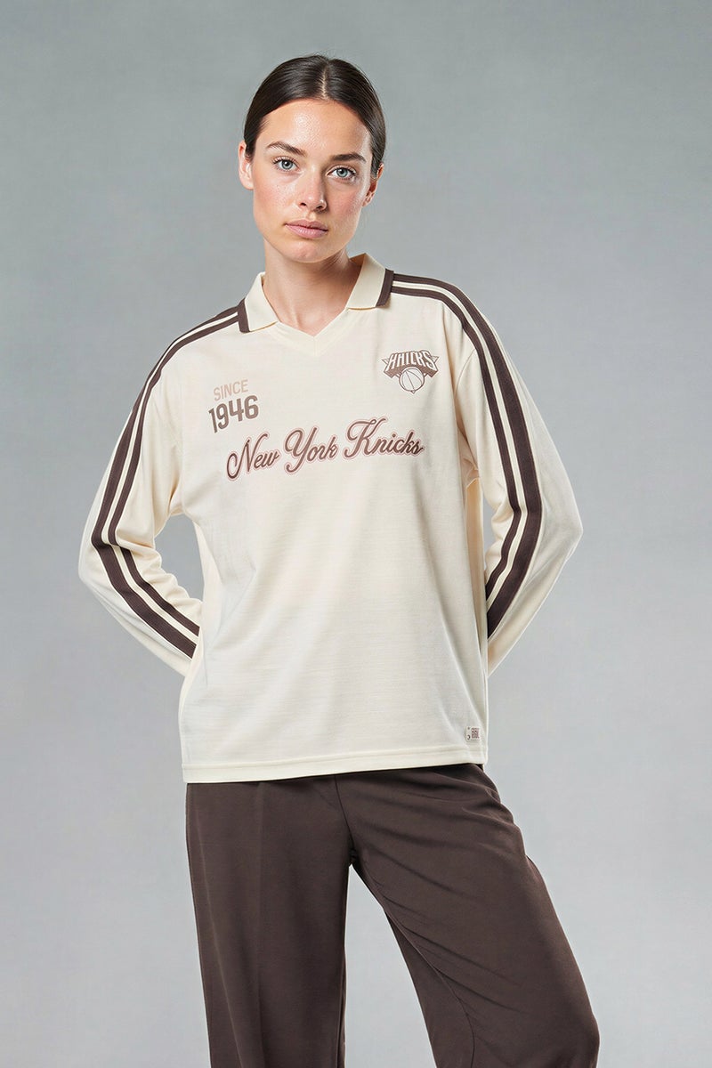 DeFacto Beige Woman NBA New York Knicks Oversize Tulle Long Sleeve Polo T-shirt Casual - Image 3